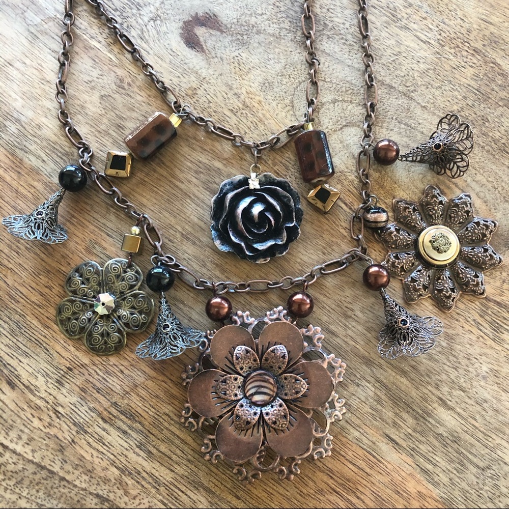 Gold bronze flower charm necklace